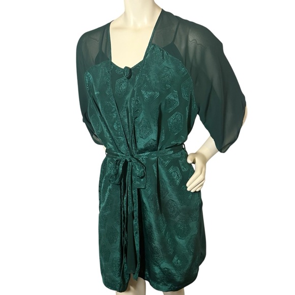 Vintage Val Mode Lingerie Kelly Green Floral Lace Robe Dress Set Womens Size S - Picture 6 of 15